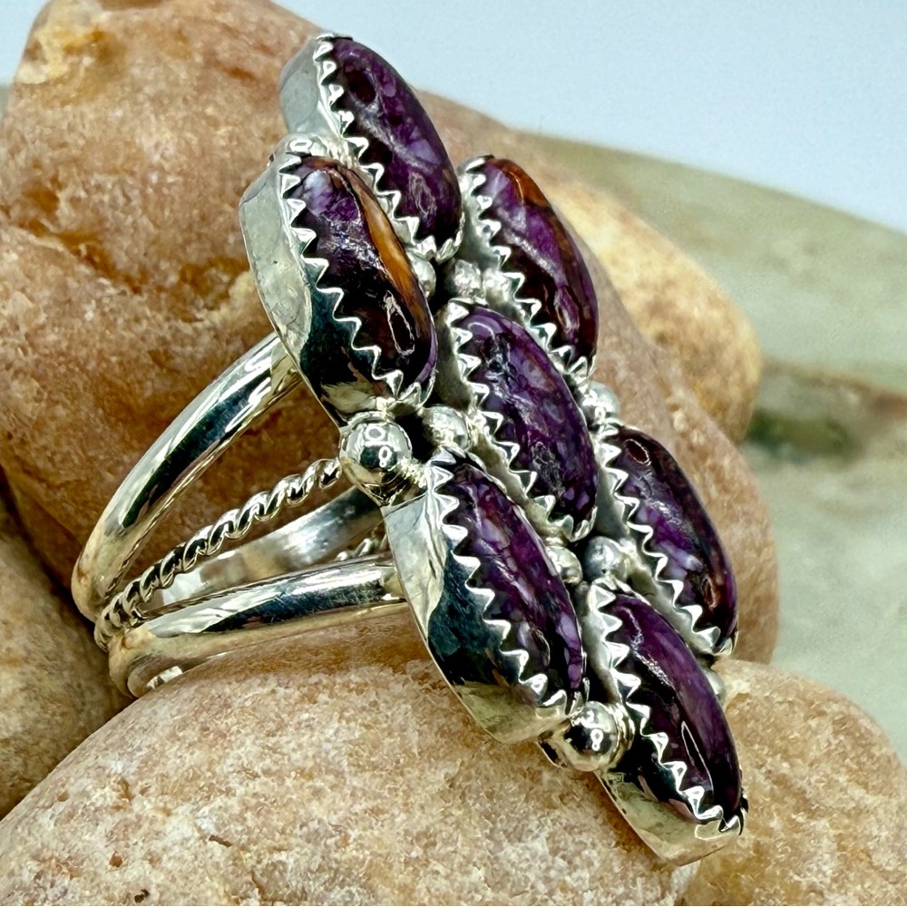 Native American Sterling Silver Purple Spiny Oyster 7-Stone Ring Roberta Begay - Picture 11 of 17